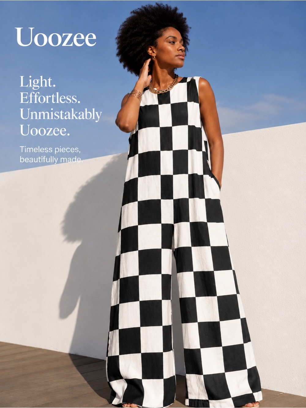 Uoozee Sleeveless Checkerboard Wide-Leg Jumpsuit -